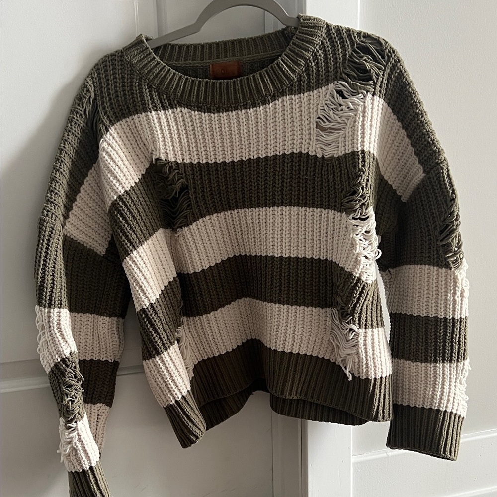 POL Olive & Cream Striped Distressed Crewneck Sweater